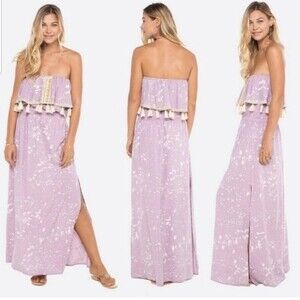 Women’s Skemo light blue bleach spotted tasseled sleeveless maxi dress beach